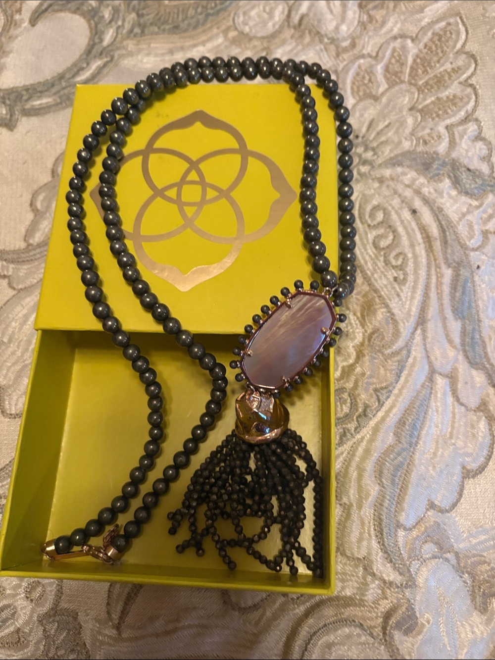 Kendra Scott Gray Beaded Necklace with Pink Stone and Gold Tassel Pendant